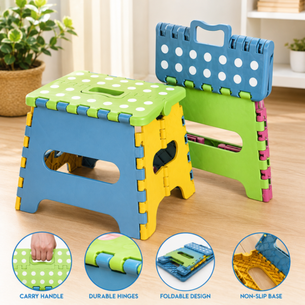 Folding Step Stool Plastic Durable Easy Foldable Plastic Chair – Lightweight Multipurpose Portable Stool for Home, Kitchen, Bathroom & Outdoor (Random Colour)