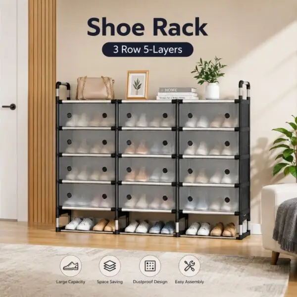 3 Row & 5 Layer Shoe Rack Stainless Steel Stackable Shoe Rack Organizer with Cover