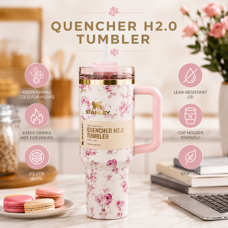 Floral 40oz Steel Insulated Tumbler, Travel Mug with Handle & Straw