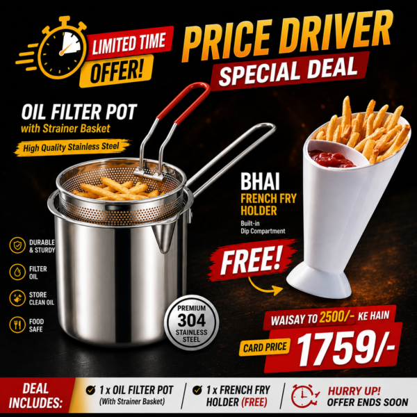 Multipurpose Stainless Steel Fries Fryer with Strainer Basket & Free Fries Holder | Mesh Frying Basket for French Fries, Pasta & Kitchen Cooking