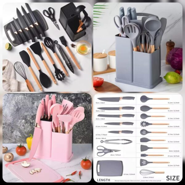 19PCS Kitchen Utensils Set – Heat-Resistant Silicone Cooking Tools with Wooden Handles & Storage Holder