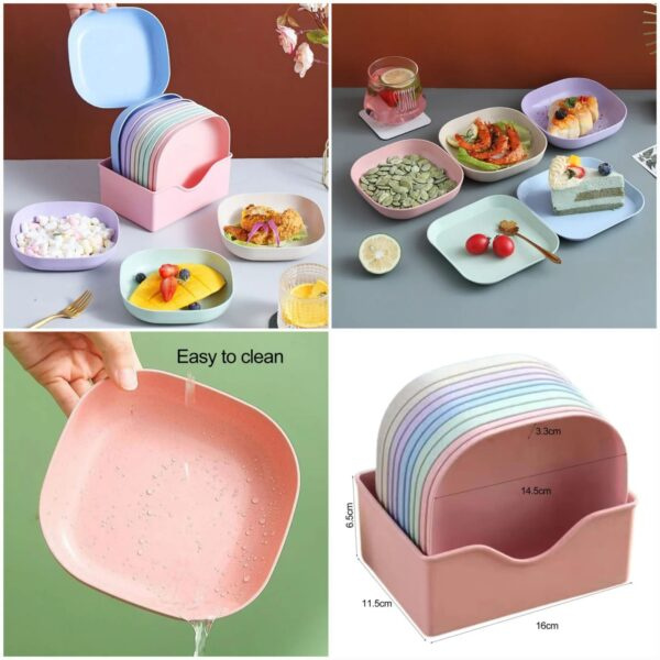 10PCS Plastic Plates Set with Holder – Dinner Plates Set, Stackable Serving Plates, Space-Saving Plate Organizer (Random Colours)