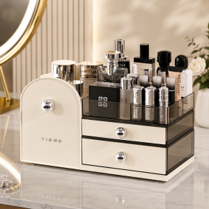 Luxury Cosmetic Organizer – Dustproof Makeup Storage Box with Drawers & Transparent Cover for Skincare, Beauty & Vanity Table