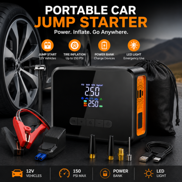 CX-319 8000mAh Portable Car Jump Starter Power Bank with 150PSI Air Compressor & LED Flashlight